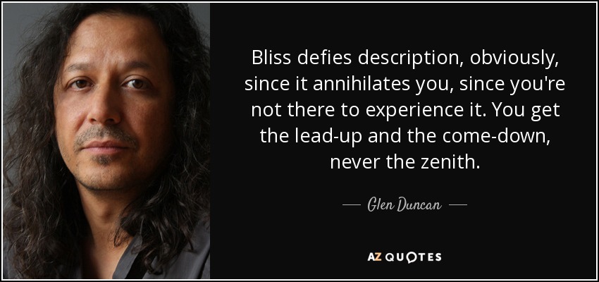 Bliss defies description, obviously, since it annihilates you, since you're not there to experience it. You get the lead-up and the come-down, never the zenith. - Glen Duncan