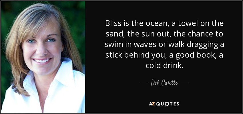 Bliss is the ocean, a towel on the sand, the sun out, the chance to swim in waves or walk dragging a stick behind you, a good book, a cold drink. - Deb Caletti