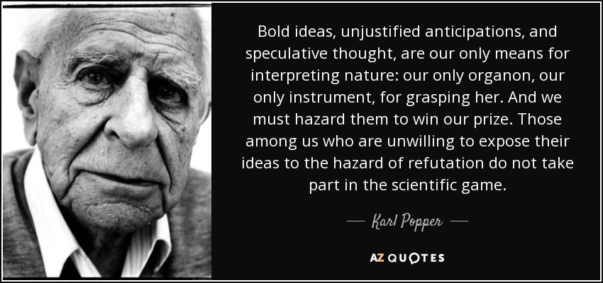 Bold ideas, unjustified anticipations, and speculative thought, are our only means for interpreting nature: our only organon, our only instrument, for grasping her. And we must hazard them to win our prize. Those among us who are unwilling to expose their ideas to the hazard of refutation do not take part in the scientific game. - Karl Popper