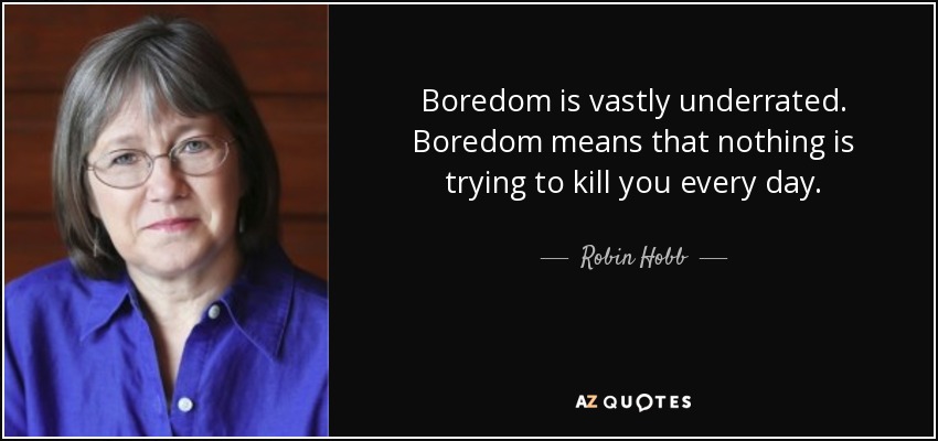 Boredom is vastly underrated. Boredom means that nothing is trying to kill you every day. - Robin Hobb