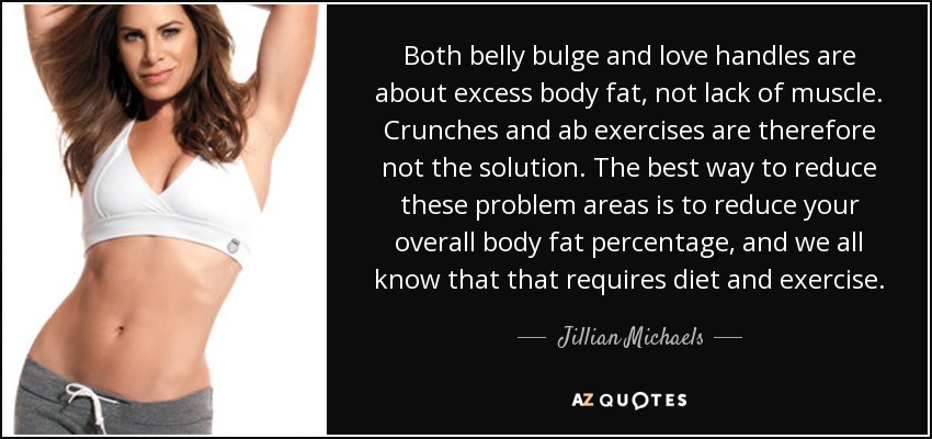 Both belly bulge and love handles are about excess body fat, not lack of muscle. Crunches and ab exercises are therefore not the solution. The best way to reduce these problem areas is to reduce your overall body fat percentage, and we all know that that requires diet and exercise. - Jillian Michaels