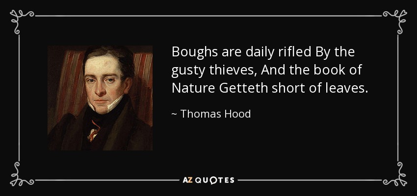 Boughs are daily rifled By the gusty thieves, And the book of Nature Getteth short of leaves. - Thomas Hood