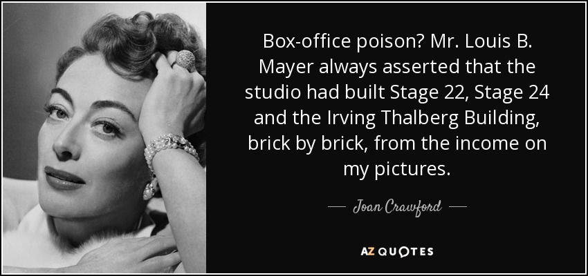 Box-office poison? Mr. Louis B. Mayer always asserted that the studio had built Stage 22, Stage 24 and the Irving Thalberg Building, brick by brick, from the income on my pictures. - Joan Crawford