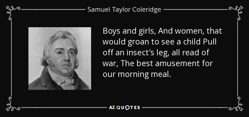 Boys and girls, And women, that would groan to see a child Pull off an insect's leg, all read of war, The best amusement for our morning meal. - Samuel Taylor Coleridge