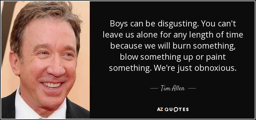 Boys can be disgusting. You can't leave us alone for any length of time because we will burn something, blow something up or paint something. We're just obnoxious. - Tim Allen