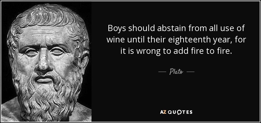 Boys should abstain from all use of wine until their eighteenth year, for it is wrong to add fire to fire. - Plato