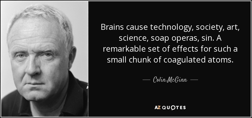 Brains cause technology, society, art, science, soap operas, sin. A remarkable set of effects for such a small chunk of coagulated atoms. - Colin McGinn