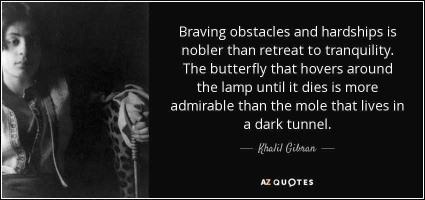 Braving obstacles and hardships is nobler than retreat to tranquility. The butterfly that hovers around the lamp until it dies is more admirable than the mole that lives in a dark tunnel. - Khalil Gibran