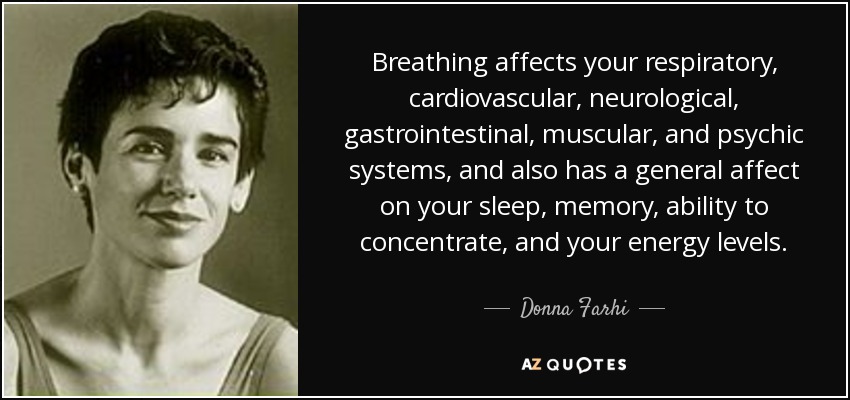 Breathing affects your respiratory, cardiovascular, neurological, gastrointestinal, muscular, and psychic systems, and also has a general affect on your sleep, memory, ability to concentrate, and your energy levels. - Donna Farhi