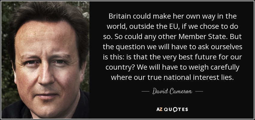 Britain could make her own way in the world, outside the EU, if we chose to do so. So could any other Member State. But the question we will have to ask ourselves is this: is that the very best future for our country? We will have to weigh carefully where our true national interest lies. - David Cameron