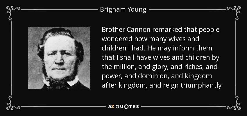 Brother Cannon remarked that people wondered how many wives and children I had. He may inform them that I shall have wives and children by the million, and glory, and riches, and power, and dominion, and kingdom after kingdom, and reign triumphantly - Brigham Young