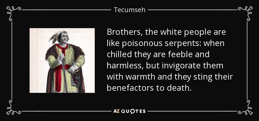 Brothers, the white people are like poisonous serpents: when chilled they are feeble and harmless, but invigorate them with warmth and they sting their benefactors to death. - Tecumseh