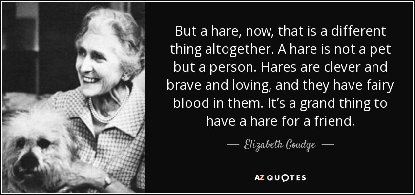 But a hare, now, that is a different thing altogether. A hare is not a pet but a person. Hares are clever and brave and loving, and they have fairy blood in them. It’s a grand thing to have a hare for a friend. - Elizabeth Goudge