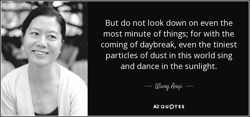 But do not look down on even the most minute of things; for with the coming of daybreak, even the tiniest particles of dust in this world sing and dance in the sunlight. - Wang Anyi