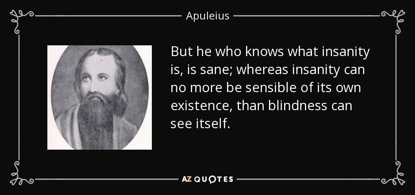 But he who knows what insanity is, is sane; whereas insanity can no more be sensible of its own existence, than blindness can see itself. - Apuleius
