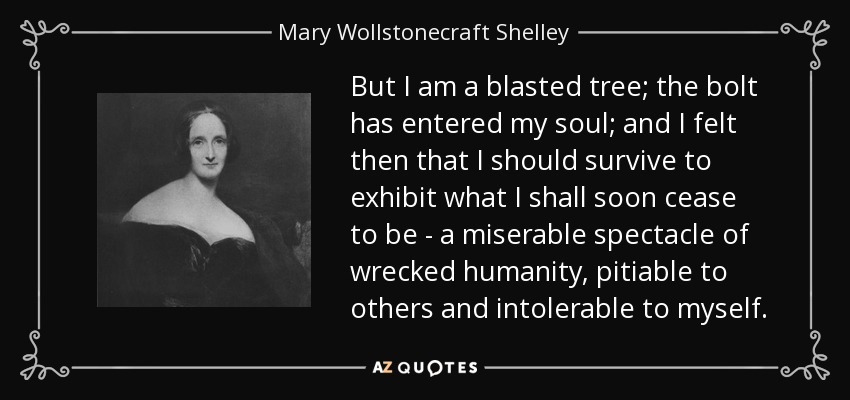 But I am a blasted tree; the bolt has entered my soul; and I felt then that I should survive to exhibit what I shall soon cease to be - a miserable spectacle of wrecked humanity, pitiable to others and intolerable to myself. - Mary Wollstonecraft Shelley