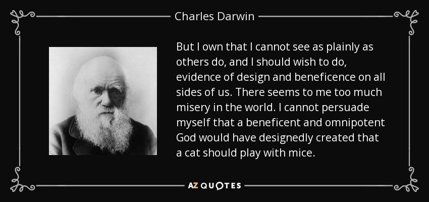 But I own that I cannot see as plainly as others do, and I should wish to do, evidence of design and beneficence on all sides of us. There seems to me too much misery in the world. I cannot persuade myself that a beneficent and omnipotent God would have designedly created that a cat should play with mice. - Charles Darwin