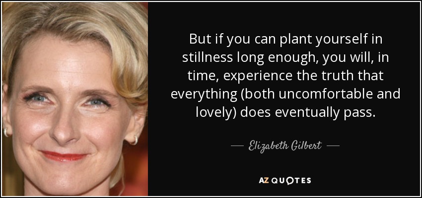 But if you can plant yourself in stillness long enough, you will, in time, experience the truth that everything (both uncomfortable and lovely) does eventually pass. - Elizabeth Gilbert