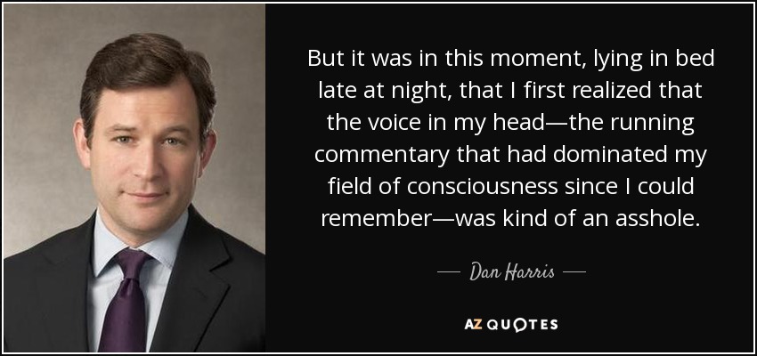 But it was in this moment, lying in bed late at night, that I first realized that the voice in my head—the running commentary that had dominated my field of consciousness since I could remember—was kind of an asshole. - Dan Harris