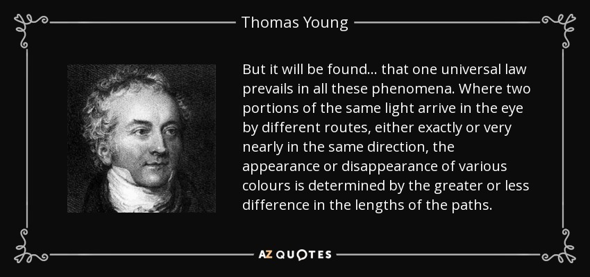 But it will be found... that one universal law prevails in all these phenomena. Where two portions of the same light arrive in the eye by different routes, either exactly or very nearly in the same direction, the appearance or disappearance of various colours is determined by the greater or less difference in the lengths of the paths. - Thomas Young