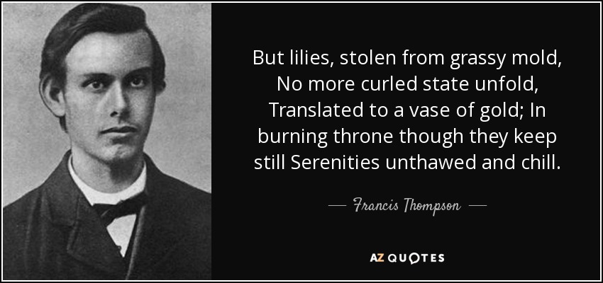 But lilies, stolen from grassy mold, No more curled state unfold, Translated to a vase of gold; In burning throne though they keep still Serenities unthawed and chill. - Francis Thompson