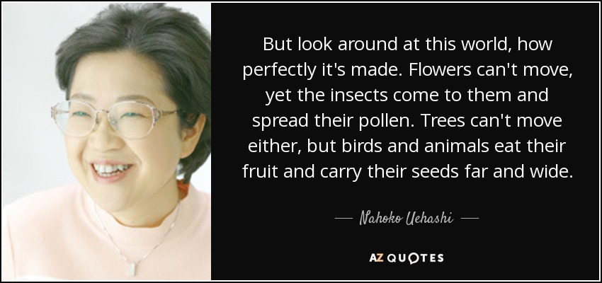 But look around at this world, how perfectly it's made. Flowers can't move, yet the insects come to them and spread their pollen. Trees can't move either, but birds and animals eat their fruit and carry their seeds far and wide. - Nahoko Uehashi