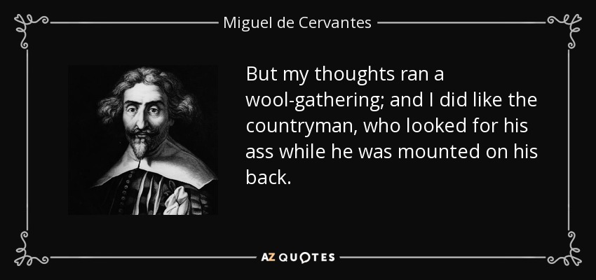 But my thoughts ran a wool-gathering; and I did like the countryman, who looked for his ass while he was mounted on his back. - Miguel de Cervantes