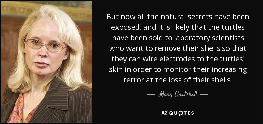 But now all the natural secrets have been exposed, and it is likely that the turtles have been sold to laboratory scientists who want to remove their shells so that they can wire electrodes to the turtles' skin in order to monitor their increasing terror at the loss of their shells. - Mary Gaitskill