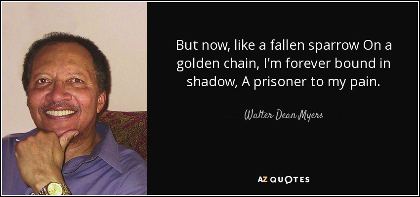 But now, like a fallen sparrow On a golden chain, I'm forever bound in shadow, A prisoner to my pain. - Walter Dean Myers