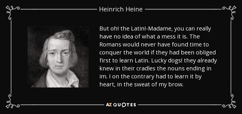 But oh! the Latin!-Madame, you can really have no idea of what a mess it is. The Romans would never have found time to conquer the world if they had been obliged first to learn Latin. Lucky dogs! they already knew in their cradles the nouns ending in im. I on the contrary had to learn it by heart, in the sweat of my brow. - Heinrich Heine