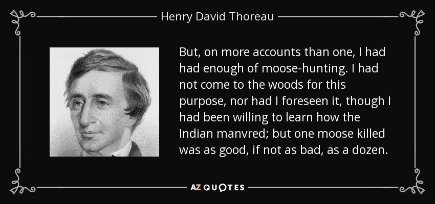 But, on more accounts than one, I had had enough of moose-hunting. I had not come to the woods for this purpose, nor had I foreseen it, though I had been willing to learn how the Indian manvred; but one moose killed was as good, if not as bad, as a dozen. - Henry David Thoreau