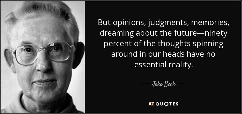 But opinions, judgments, memories, dreaming about the future—ninety percent of the thoughts spinning around in our heads have no essential reality. - Joko Beck