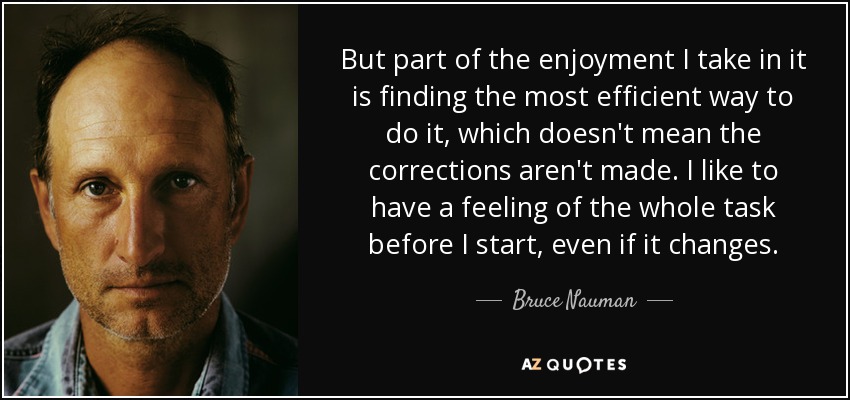 But part of the enjoyment I take in it is finding the most efficient way to do it, which doesn't mean the corrections aren't made. I like to have a feeling of the whole task before I start, even if it changes. - Bruce Nauman