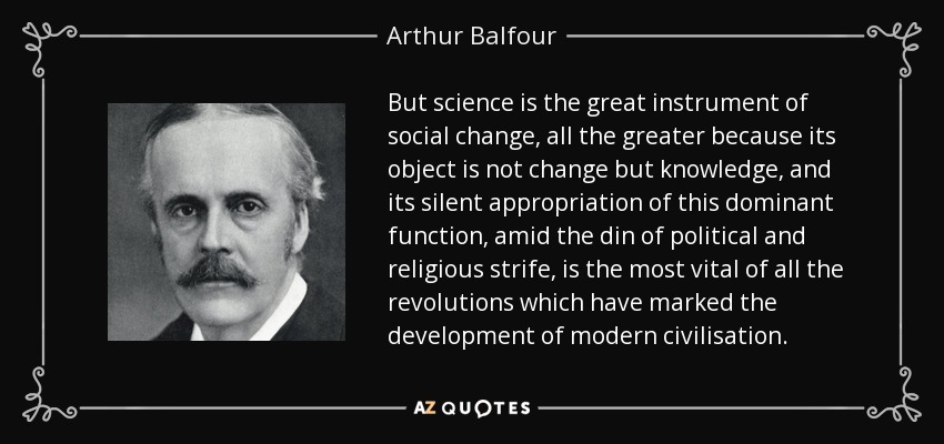 But science is the great instrument of social change, all the greater because its object is not change but knowledge, and its silent appropriation of this dominant function, amid the din of political and religious strife, is the most vital of all the revolutions which have marked the development of modern civilisation. - Arthur Balfour