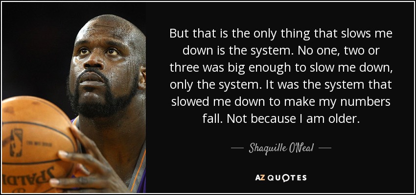 But that is the only thing that slows me down is the system. No one, two or three was big enough to slow me down, only the system. It was the system that slowed me down to make my numbers fall. Not because I am older. - Shaquille O'Neal