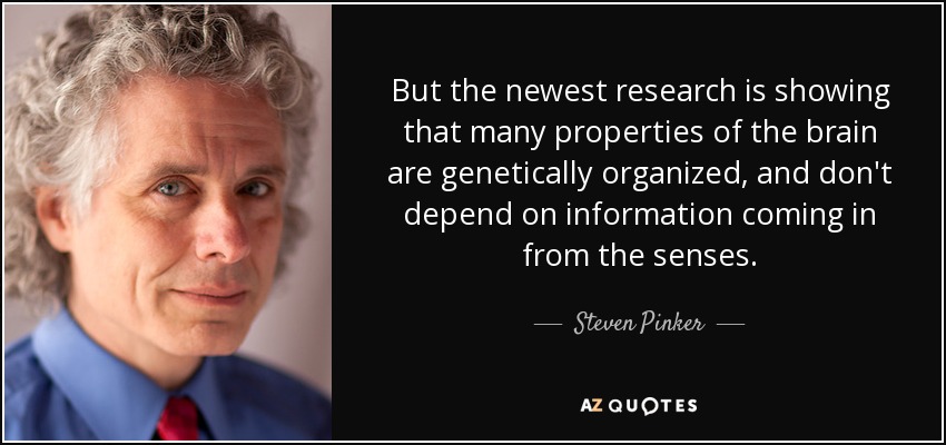 But the newest research is showing that many properties of the brain are genetically organized, and don't depend on information coming in from the senses. - Steven Pinker