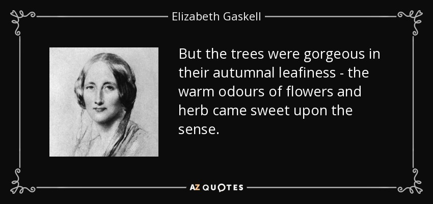 But the trees were gorgeous in their autumnal leafiness - the warm odours of flowers and herb came sweet upon the sense. - Elizabeth Gaskell