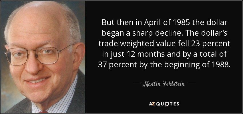 But then in April of 1985 the dollar began a sharp decline. The dollar's trade weighted value fell 23 percent in just 12 months and by a total of 37 percent by the beginning of 1988. - Martin Feldstein