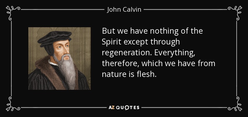 But we have nothing of the Spirit except through regeneration. Everything, therefore, which we have from nature is flesh. - John Calvin