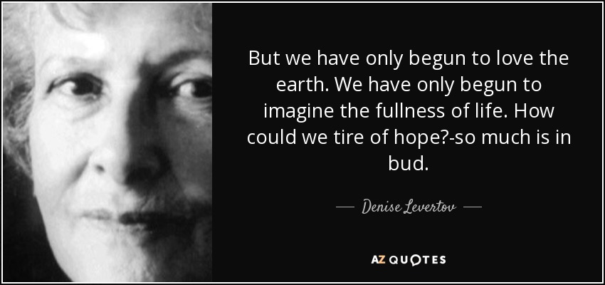 But we have only begun to love the earth. We have only begun to imagine the fullness of life. How could we tire of hope?-so much is in bud. - Denise Levertov