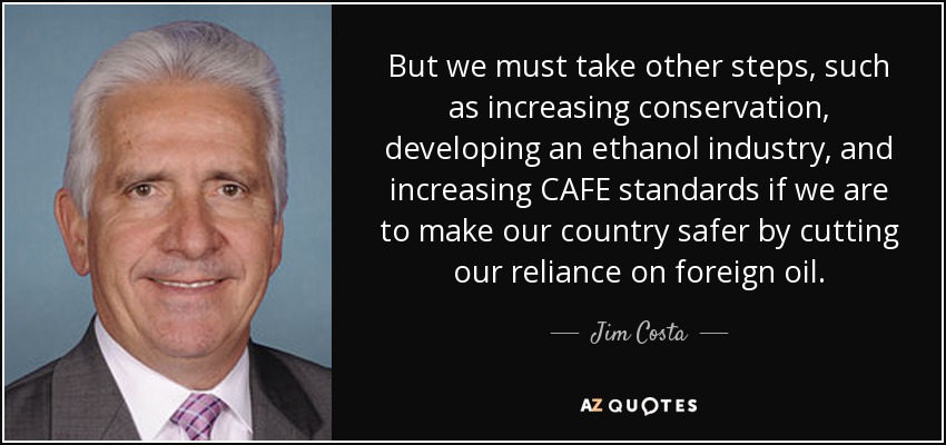But we must take other steps, such as increasing conservation, developing an ethanol industry, and increasing CAFE standards if we are to make our country safer by cutting our reliance on foreign oil. - Jim Costa
