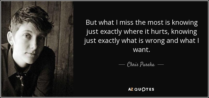 But what I miss the most is knowing just exactly where it hurts, knowing just exactly what is wrong and what I want. - Chris Pureka