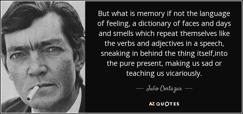 But what is memory if not the language of feeling, a dictionary of faces and days and smells which repeat themselves like the verbs and adjectives in a speech, sneaking in behind the thing itself,into the pure present, making us sad or teaching us vicariously. - Julio Cortazar