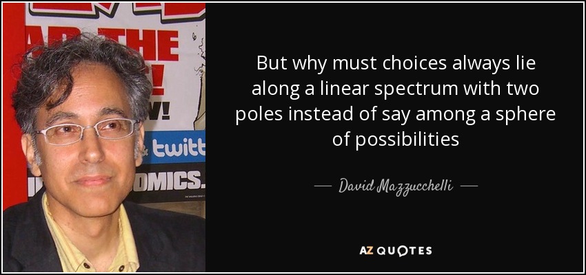 But why must choices always lie along a linear spectrum with two poles instead of say among a sphere of possibilities - David Mazzucchelli
