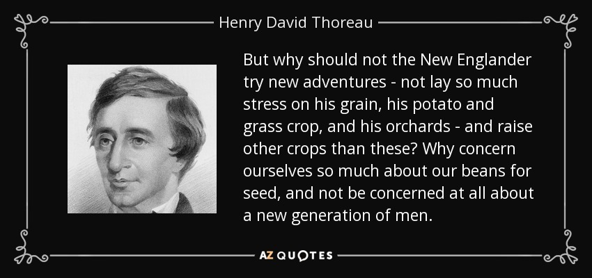 But why should not the New Englander try new adventures - not lay so much stress on his grain, his potato and grass crop, and his orchards - and raise other crops than these? Why concern ourselves so much about our beans for seed, and not be concerned at all about a new generation of men. - Henry David Thoreau