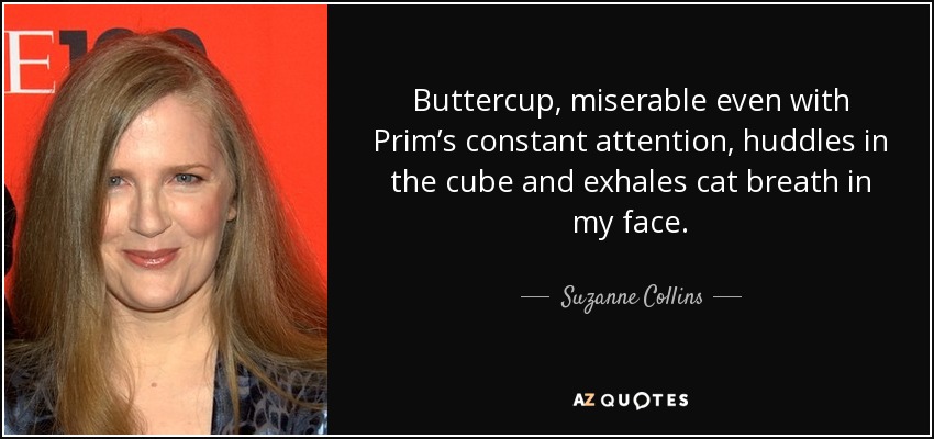 Buttercup, miserable even with Prim’s constant attention, huddles in the cube and exhales cat breath in my face. - Suzanne Collins