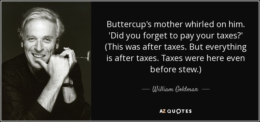 Buttercup's mother whirled on him. 'Did you forget to pay your taxes?' (This was after taxes. But everything is after taxes. Taxes were here even before stew.) - William Goldman