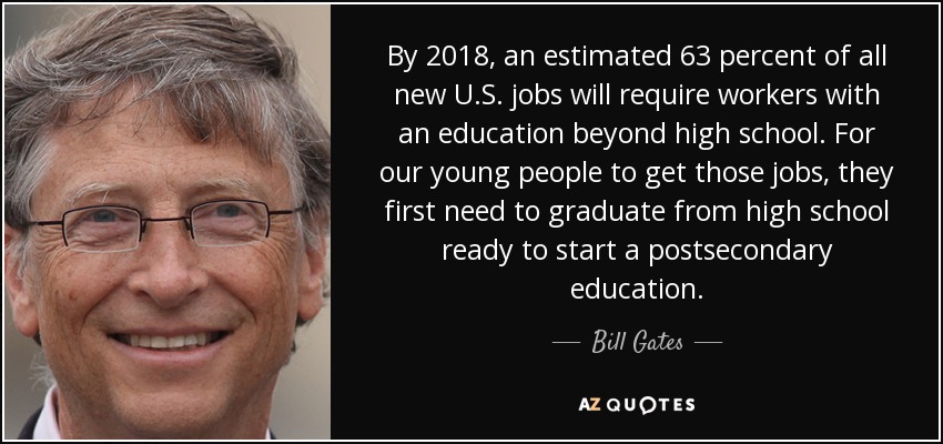 By 2018, an estimated 63 percent of all new U.S. jobs will require workers with an education beyond high school. For our young people to get those jobs, they first need to graduate from high school ready to start a postsecondary education. - Bill Gates