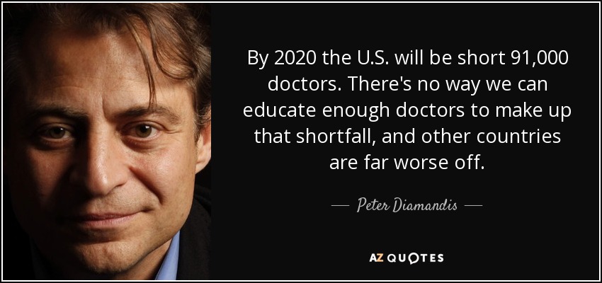 By 2020 the U.S. will be short 91,000 doctors. There's no way we can educate enough doctors to make up that shortfall, and other countries are far worse off. - Peter Diamandis