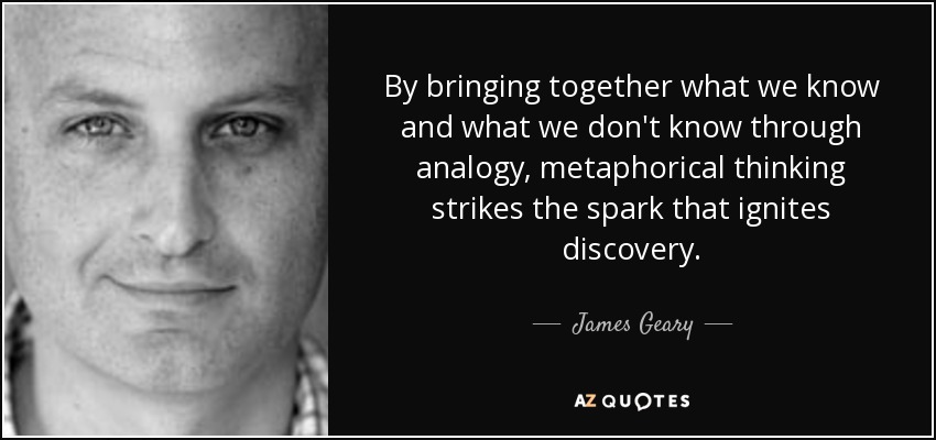 By bringing together what we know and what we don't know through analogy, metaphorical thinking strikes the spark that ignites discovery. - James Geary